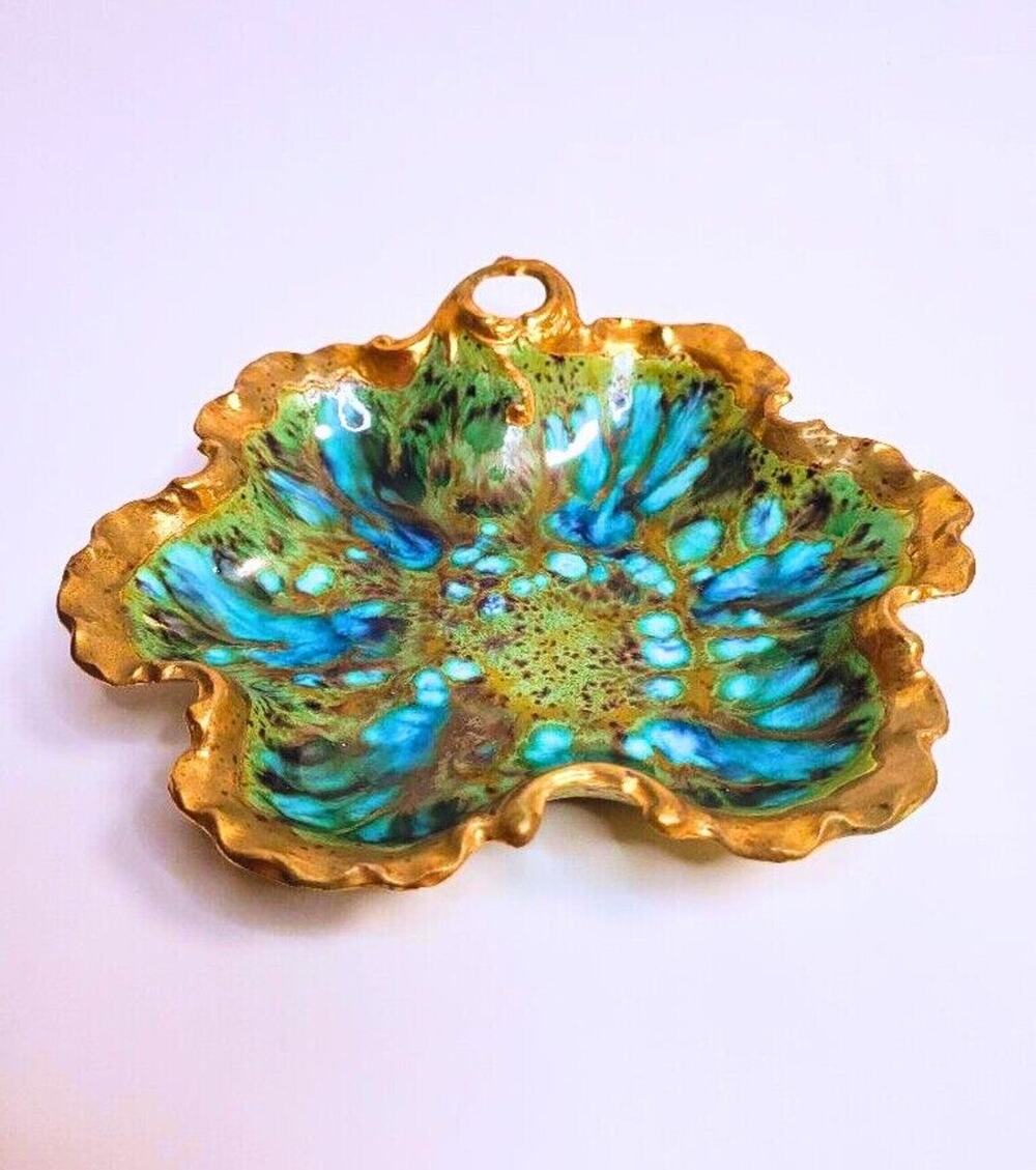 Vintage Trinket Dish Catchall Blue Green Signed Dated Studio Pottery 1973